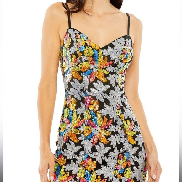 Mac Duggal Sequined Floral Detail Mini Dress 26867 Black Multi Women’s Sz 6 - Picture 3 of 11